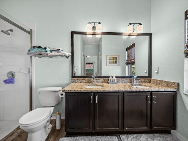 full bath with a shower stall, double vanity, toilet, and a sink