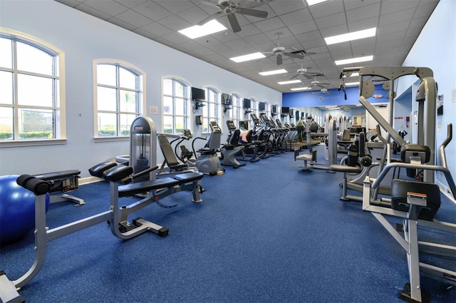 workout area with ceiling fan and a paneled ceiling
