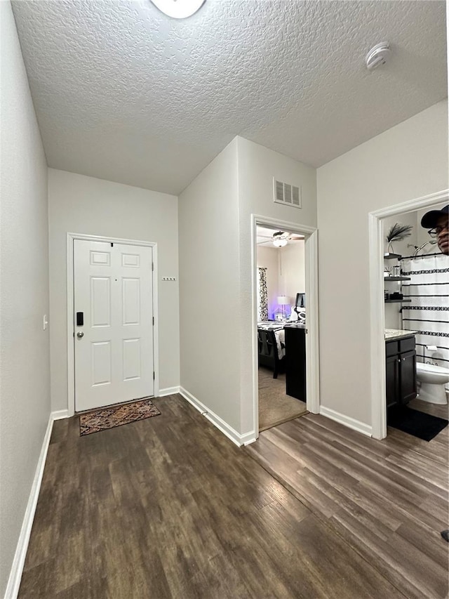 entryway with visible vents, a textured ceiling, baseboards, and dark wood-style flooring