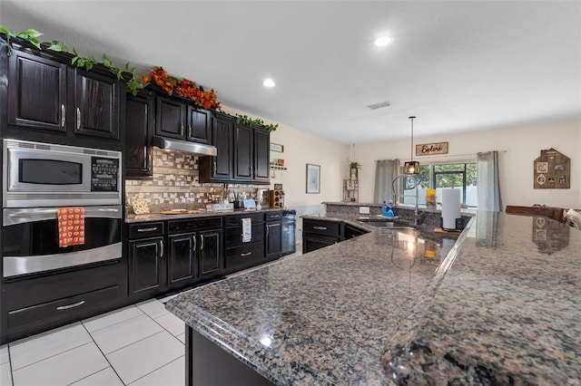 kitchen with visible vents, a sink, under cabinet range hood, stainless steel appliances, and dark cabinets