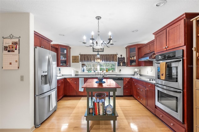 5020 Broadmore Dr, Auburndale, FL 33823 - kitchen with appliances with stainless steel finishes, a chandelier, light wood-style floors, dark brown cabinets, and glass insert cabinets