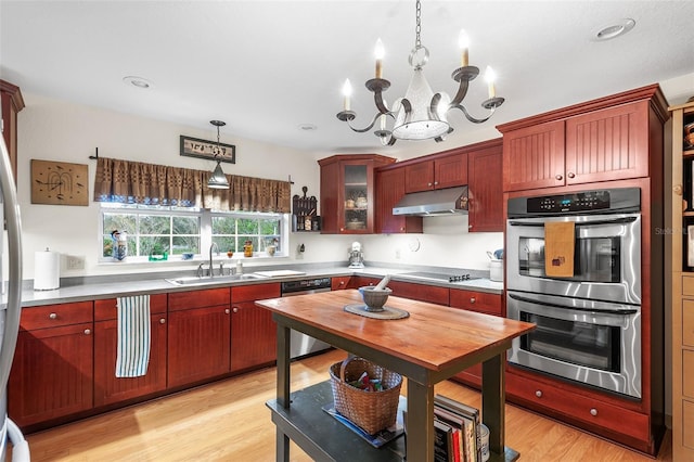 5020 Broadmore Dr, Auburndale, FL 33823 - kitchen with a sink, stainless steel double oven, under cabinet range hood, dishwasher, and reddish brown cabinets