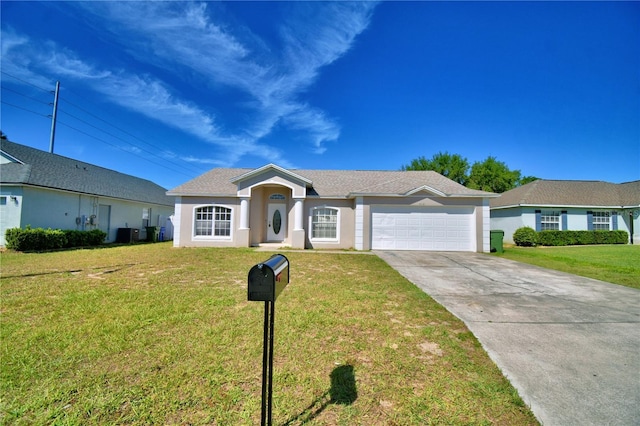 single story home with cooling unit, concrete driveway, stucco siding, a front yard, and a garage