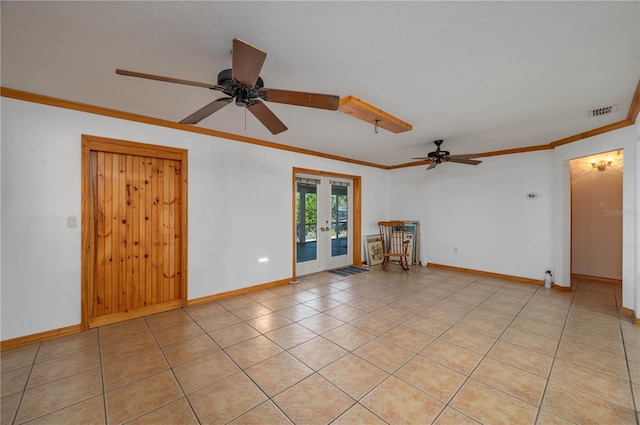 225 Wes Mann Rd, Babson Park, FL 33827 - unfurnished room featuring french doors, light tile patterned floors, ornamental molding, visible vents, and ceiling fan