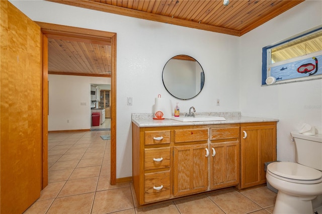 225 Wes Mann Rd, Babson Park, FL 33827 - bathroom with tile patterned floors, crown molding, toilet, wood ceiling, and vanity
