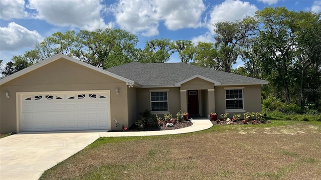 214 Brook Ln, Polk City, FL 33868 - single story home with stucco siding, a shingled roof, a garage, and concrete driveway