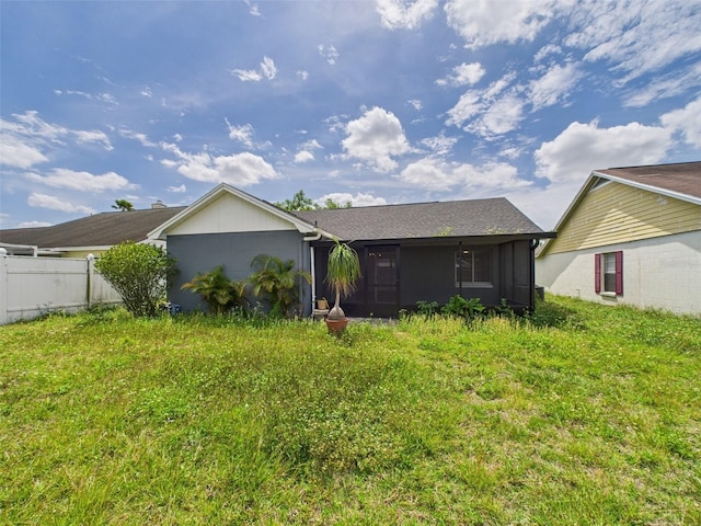 rear view of house featuring fence and roof with shingles