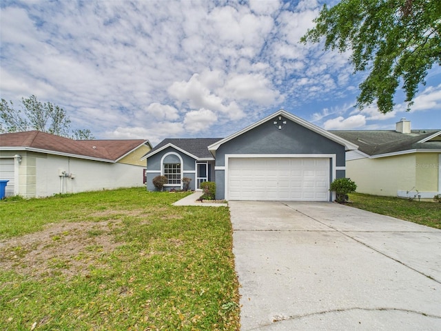 ranch-style home with a front lawn, stucco siding, an attached garage, and concrete driveway