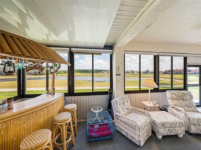 sunroom with a water view and a healthy amount of sunlight