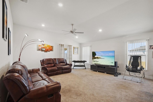 living room featuring carpet flooring, ceiling fan, recessed lighting, and lofted ceiling