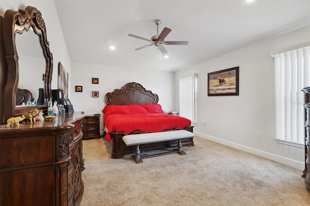 bedroom featuring baseboards, recessed lighting, a ceiling fan, and light colored carpet