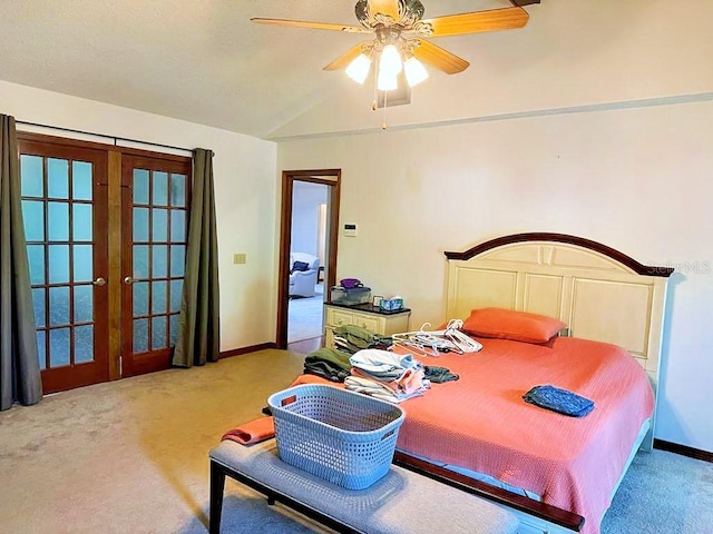 2761 Graniteridge Ct, Orange Park, FL 32065 - bedroom featuring carpet flooring, french doors, lofted ceiling, baseboards, and ceiling fan