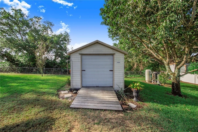 view of shed with a fenced backyard