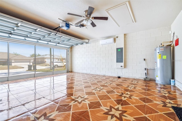 404 Rio Grande Ct, Poinciana, FL 34759 - garage featuring ceiling fan, electric panel, water heater, an AC wall unit, and a garage door opener