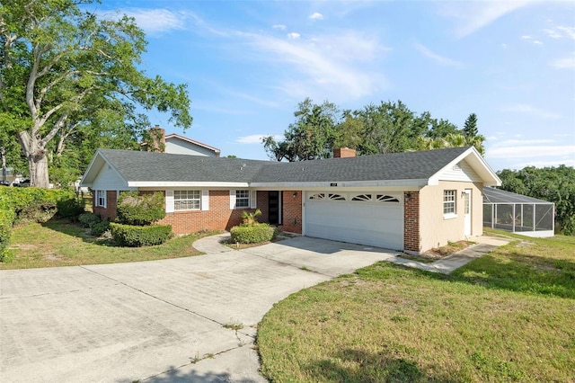102 Lake Ring Dr, Winter Haven, FL 33884 - ranch-style home with brick siding, a front lawn, and an attached garage