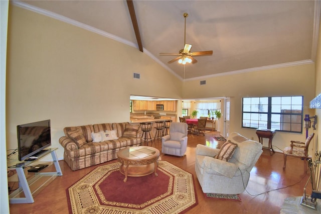 2611 State Road 557, Lake Alfred, FL 33850 - living area with visible vents, ceiling fan, beam ceiling, wood finished floors, and high vaulted ceiling
