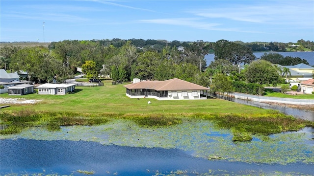 aerial view featuring a water view