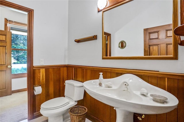 bathroom with a sink, toilet, and wainscoting