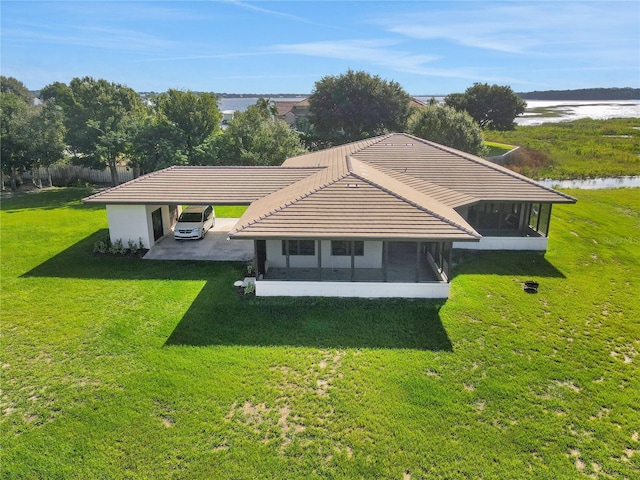 aerial view featuring a water view