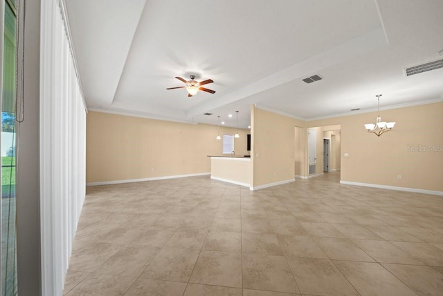 unfurnished living room featuring ceiling fan with notable chandelier, baseboards, and visible vents
