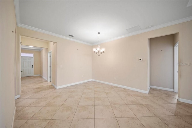 spare room with light tile patterned floors, visible vents, a notable chandelier, and ornamental molding