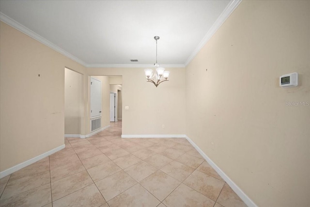 empty room with light tile patterned floors, baseboards, an inviting chandelier, and ornamental molding