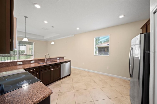 kitchen featuring dark brown cabinets, plenty of natural light, stainless steel appliances, and a sink