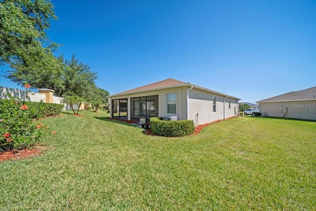 back of house featuring fence, a lawn, and stucco siding