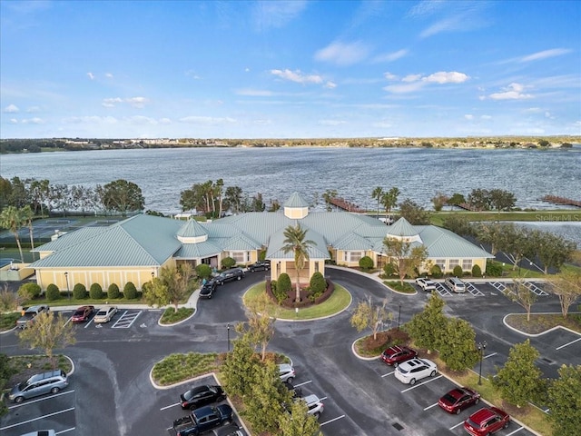 drone / aerial view with a water view