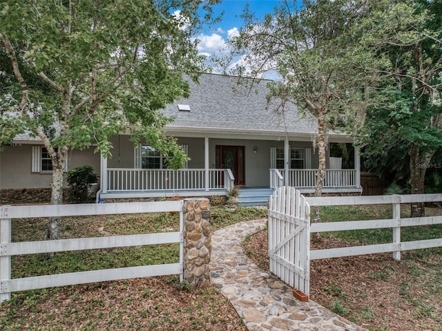 5318 Oak Rd, Sebring, FL 33875 - view of front of house with stucco siding, a fenced front yard, a gate, a shingled roof, and covered porch
