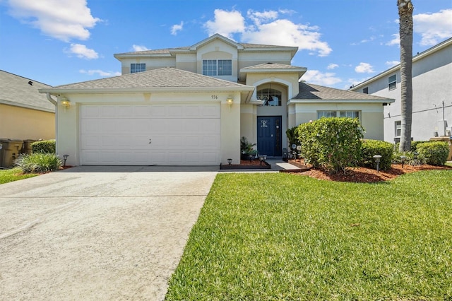 view of front of property featuring a garage, concrete driveway, a front lawn, stucco siding, and roof with shingles