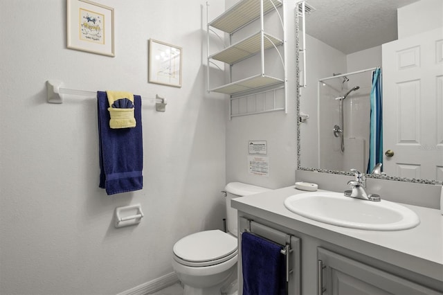 bathroom featuring a textured ceiling, vanity, toilet, curtained shower, and baseboards