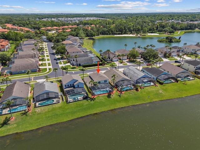 aerial view featuring a water view and a residential view