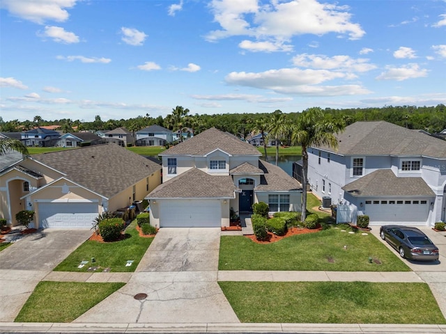 traditional-style home with stucco siding, a front yard, an attached garage, driveway, and a residential view