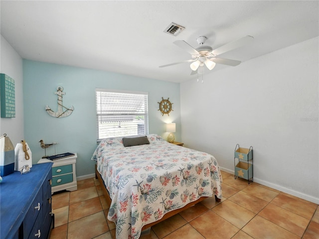 bedroom with baseboards, a ceiling fan, visible vents, and light tile patterned floors