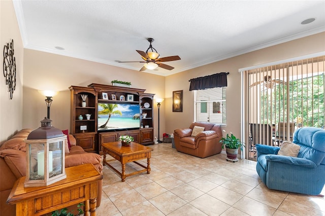 177 Costa Loop, Auburndale, FL 33823 - living room with light tile patterned floors, ceiling fan, and ornamental molding