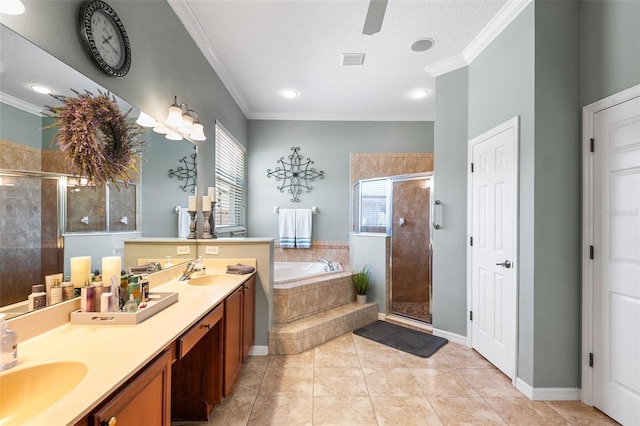 177 Costa Loop, Auburndale, FL 33823 - full bath featuring a garden tub, a stall shower, ornamental molding, double vanity, and ceiling fan