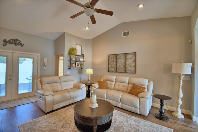 186 Viola Dr, Auburndale, FL 33823 - living area with a ceiling fan, vaulted ceiling, wood finished floors, french doors, and baseboards