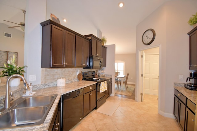 186 Viola Dr, Auburndale, FL 33823 - kitchen with black appliances, a sink, ceiling fan, light tile patterned floors, and backsplash