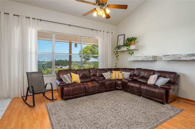 2390 Lake Easy Rd, Babson Park, FL 33827 - living room featuring a ceiling fan, vaulted ceiling, and wood finished floors