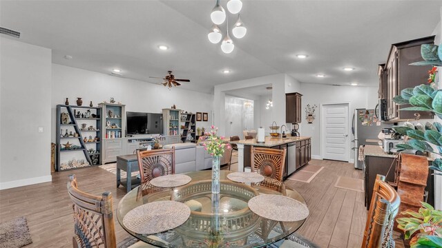 dining room with visible vents, ceiling fan, light wood-style flooring, and recessed lighting