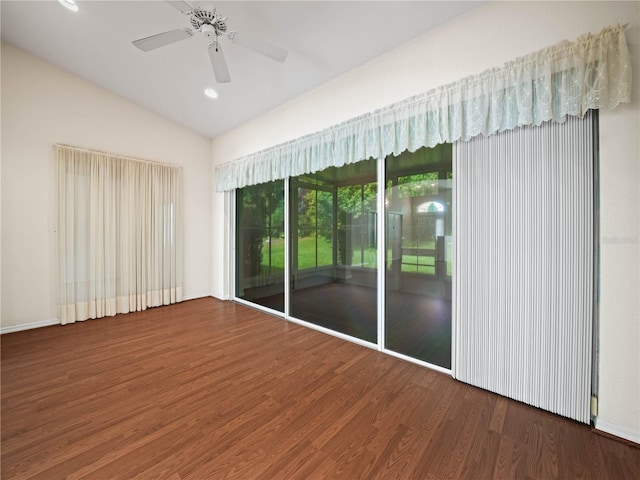 530 Greenway Dr, Lake Wales, FL 33898 - spare room featuring a ceiling fan, baseboards, recessed lighting, wood finished floors, and lofted ceiling