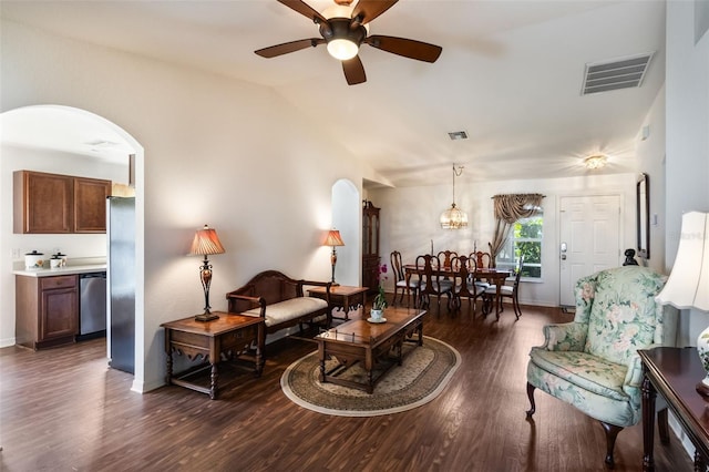 284 Lake Suzanne Dr, Lake Wales, FL 33859 - living area featuring arched walkways, visible vents, a ceiling fan, and dark wood-style floors