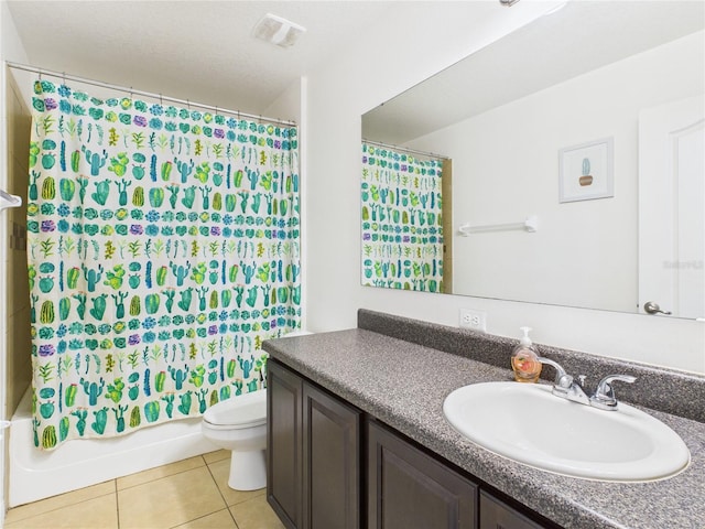bathroom featuring tile patterned flooring, shower / bathtub combination with curtain, toilet, vanity, and visible vents