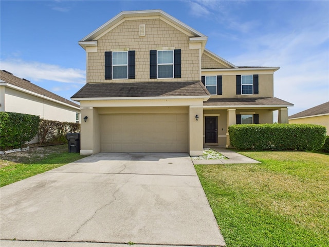 traditional-style home with concrete driveway, roof with shingles, an attached garage, stucco siding, and a front lawn