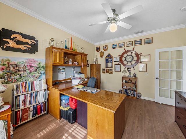 4081 Dunmore Dr, Lake Wales, FL 33859 - home office with crown molding, dark wood-type flooring, ceiling fan, and baseboards