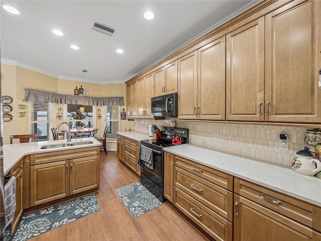 4081 Dunmore Dr, Lake Wales, FL 33859 - kitchen with black appliances, a sink, ornamental molding, light wood-style floors, and backsplash