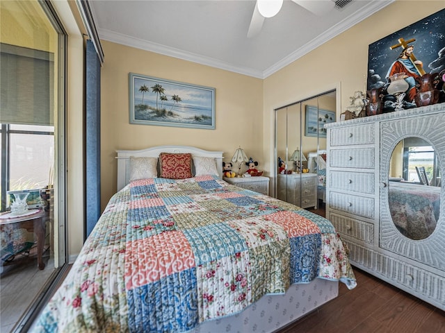 4081 Dunmore Dr, Lake Wales, FL 33859 - bedroom featuring ornamental molding, wood finished floors, ceiling fan, and a closet
