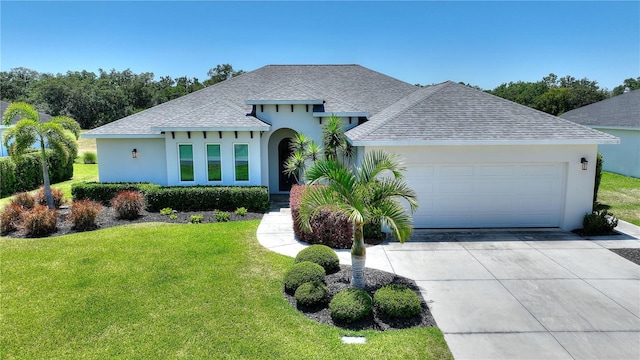 single story home with a garage, a front lawn, stucco siding, a shingled roof, and concrete driveway