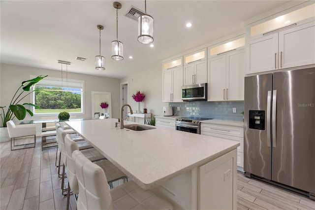 kitchen featuring appliances with stainless steel finishes, a sink, a kitchen island with sink, backsplash, and visible vents